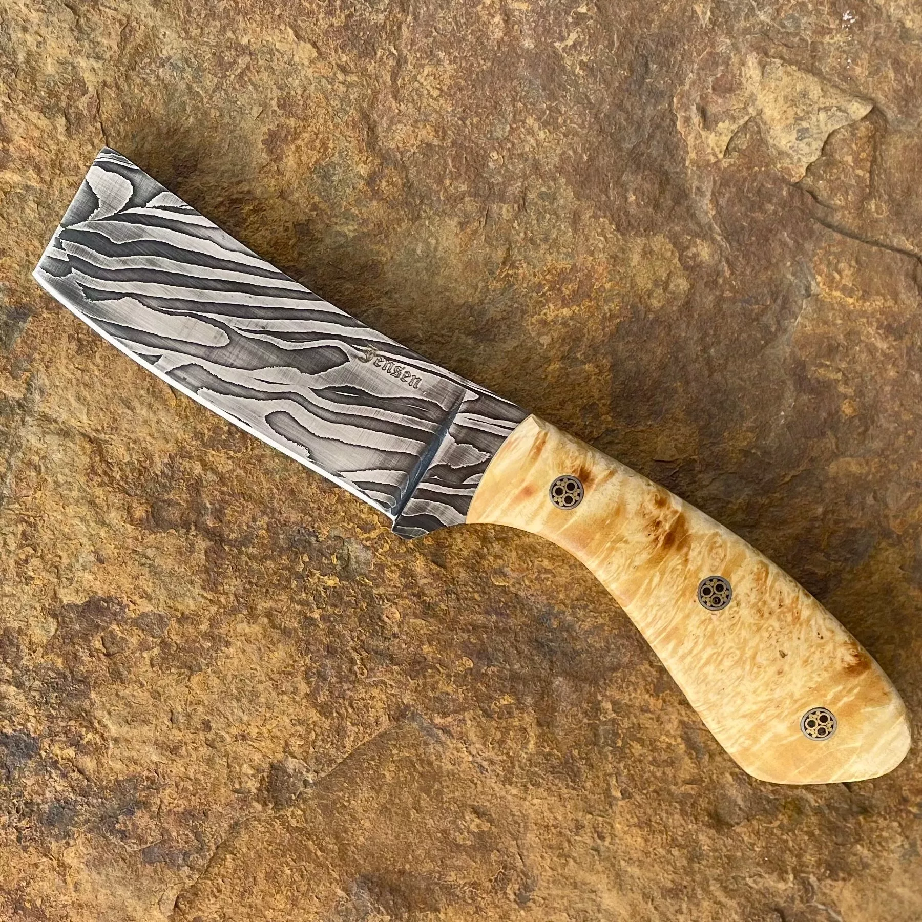 Bull Cutter in Damascus w/ Box Elder Burl